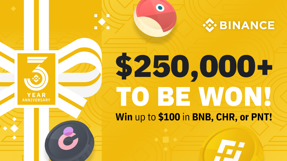 Binance celebrates three years and gives away BNB, PNT and CHR tokens