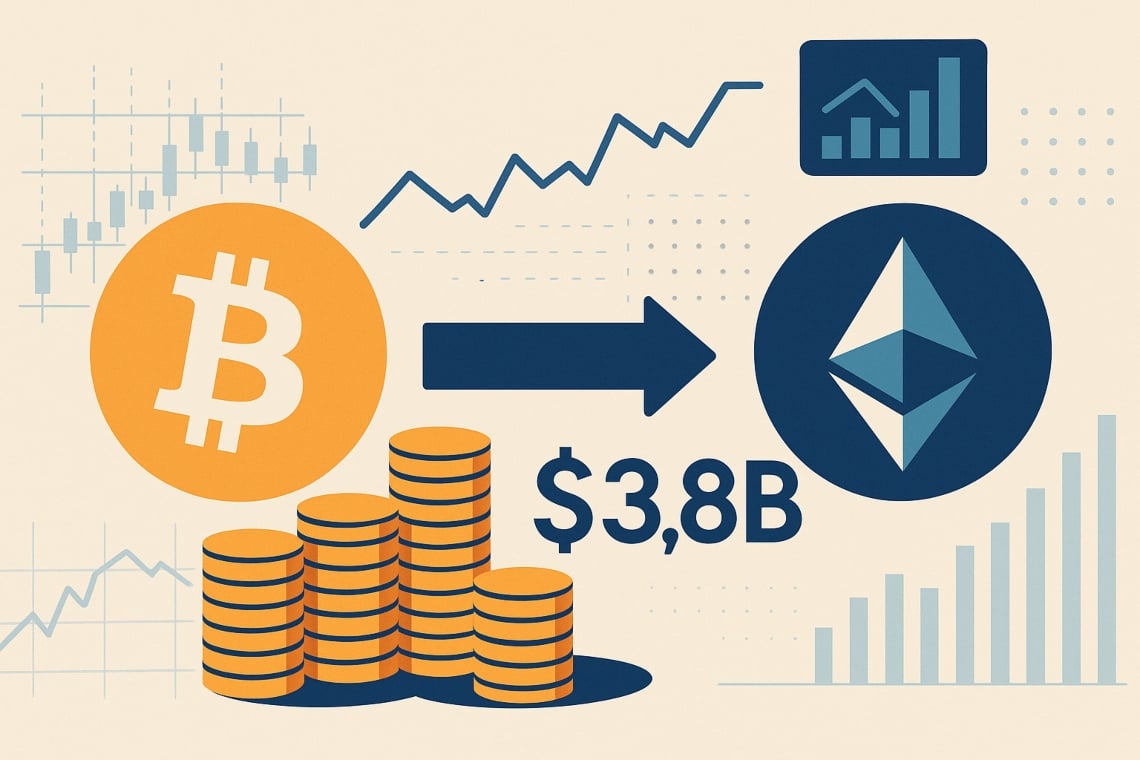Whale shifts from Bitcoin to Ethereum: 4,000 BTC for 96,859 ETH, position at approximately $3.8 billion and spotlight on futures