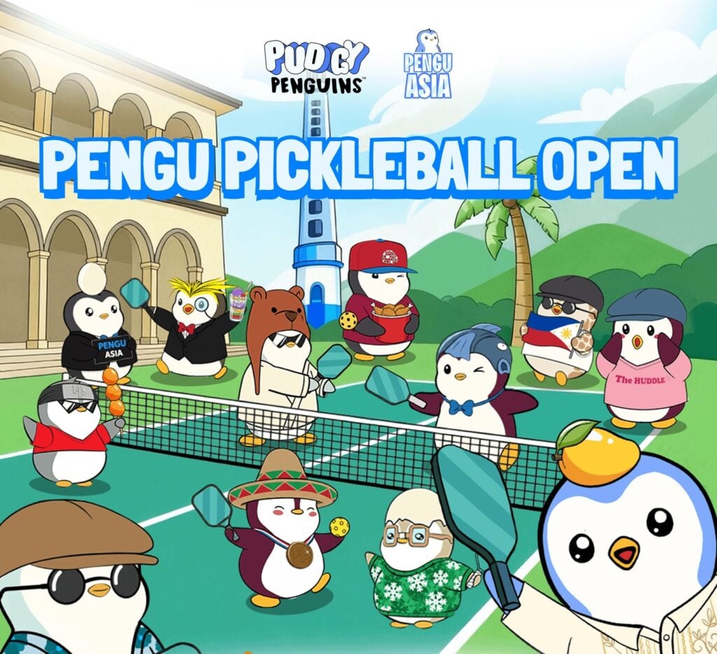 Pudgy Penguins on the court for a pickleball match.
